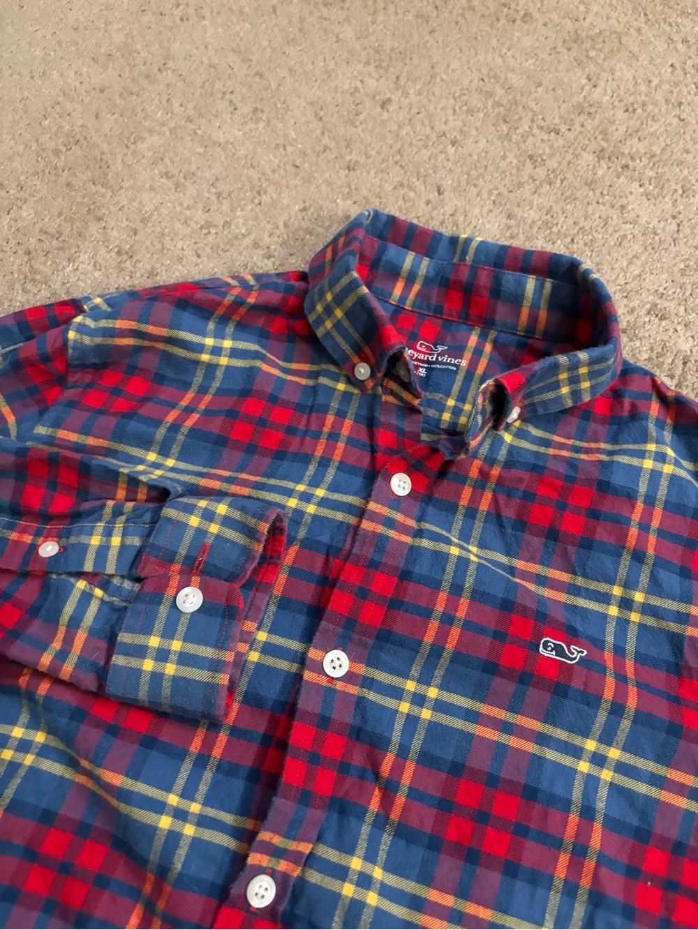 Vineyard Vines Shirt Youth XL (18) Blue Red Plaid 100% Cotton Button Down Shirt